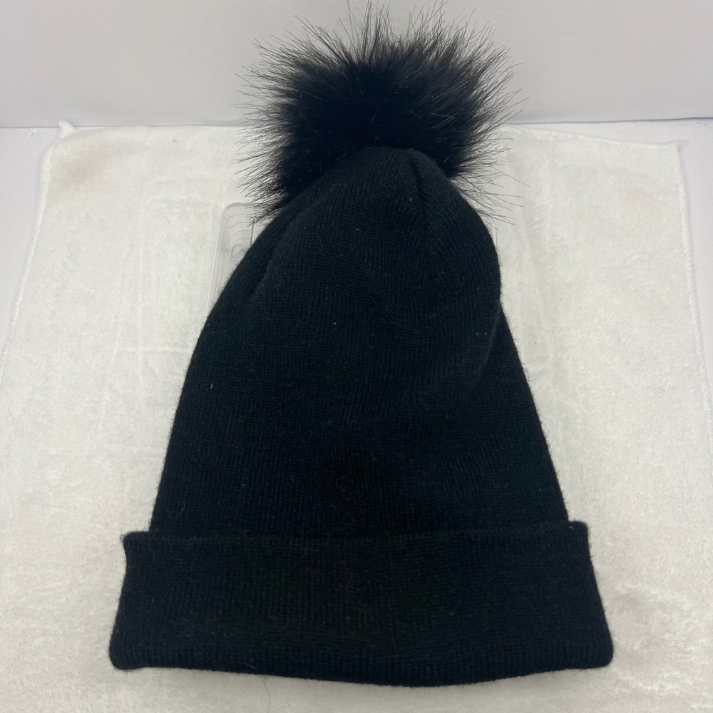 Beanie Womens OS Black Pom-Pom Knit Winter‎ Hat RN 141137 Cute Cozy Cold Faux